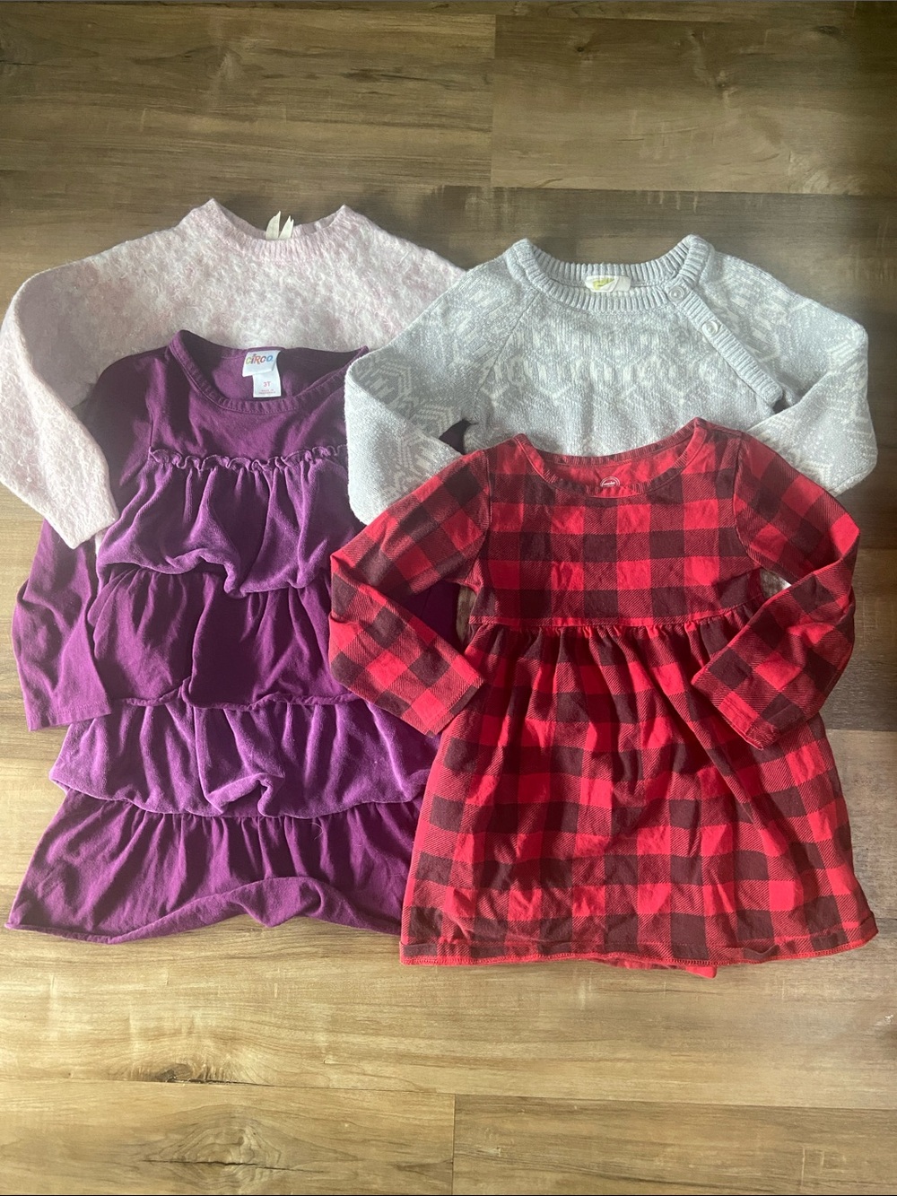 Girls Long Sleeve Dress & Sweater Bundle - Red Plaid, Purple, Pink, Light Gray